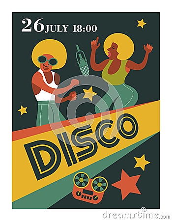 Poster music festival, retro party in the style of the 70`s, 80`s. Vector illustration with stylish musicians characters. Vector Illustration